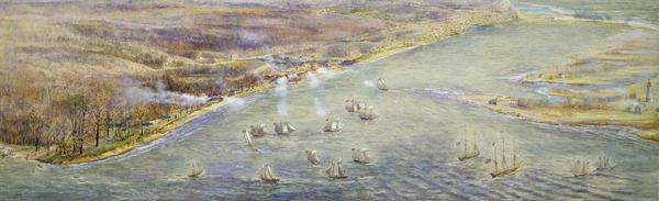 Titre original&nbsp;:  Bird's-eye view looking northeast from approximately foot of Parkside Drive, showing arrival of American fleet prior to capture of York, 27 April 1813. : Toronto Public Library